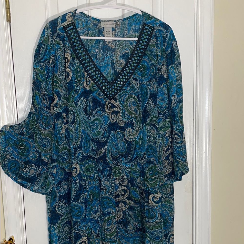 Catherine's Teal and Navy Paisley Blouse Tunic 1X
